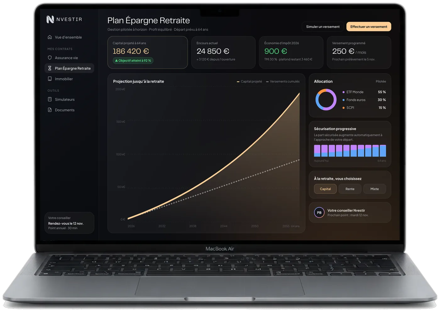 Tableau de bord Plan Épargne Retraite Nvestir sur MacBook